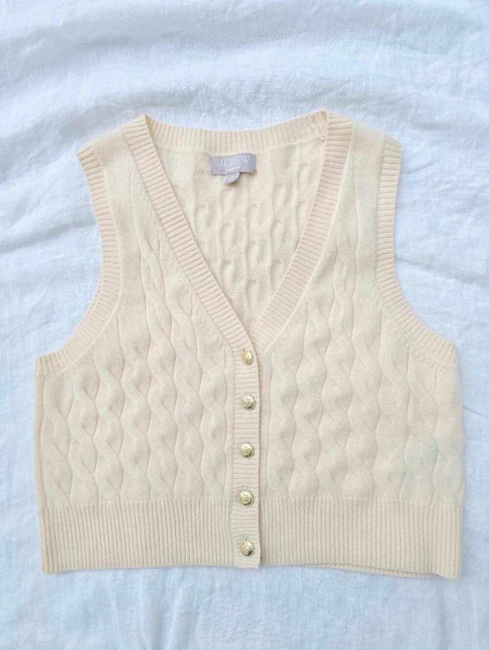 J. Crew Cream Cashmere Sweater Vest Gold Button Front. Detail Cable Knit Medium - Picture 2 of 7